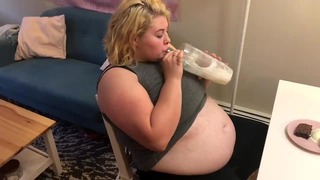 Big Beautiful Woman Chubby Teen Gulps Down Whole Weight Gain Shake and Dessert