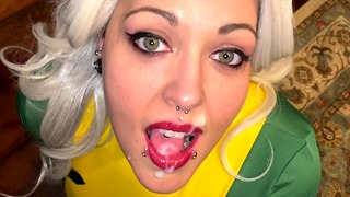 Rogue from X-men Sucks Dick and Gets a Double Cum on Face