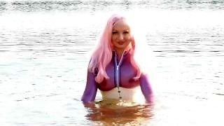 Swimming in Latex Rubber Transparent Catsuit! Wanna Be With Me in Your Kink Dreams???