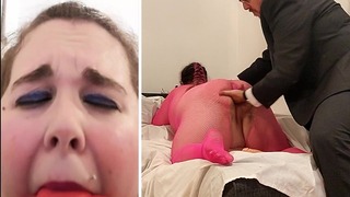 Gagged Plus Hand Cuffed Bitch in Fishnet is Spanked and Used As a Fucktoy
