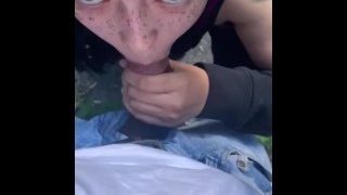 She eats cum outside on the trail