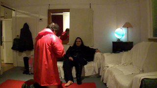 BBW Mistress Lydia Has Slave Lick PVC Boots And Feet Clean