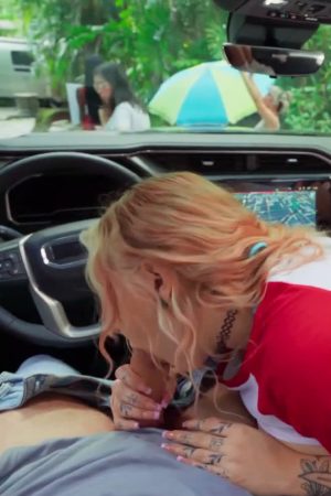BBW tattooed blonde sucks cock in the car and gets fucked